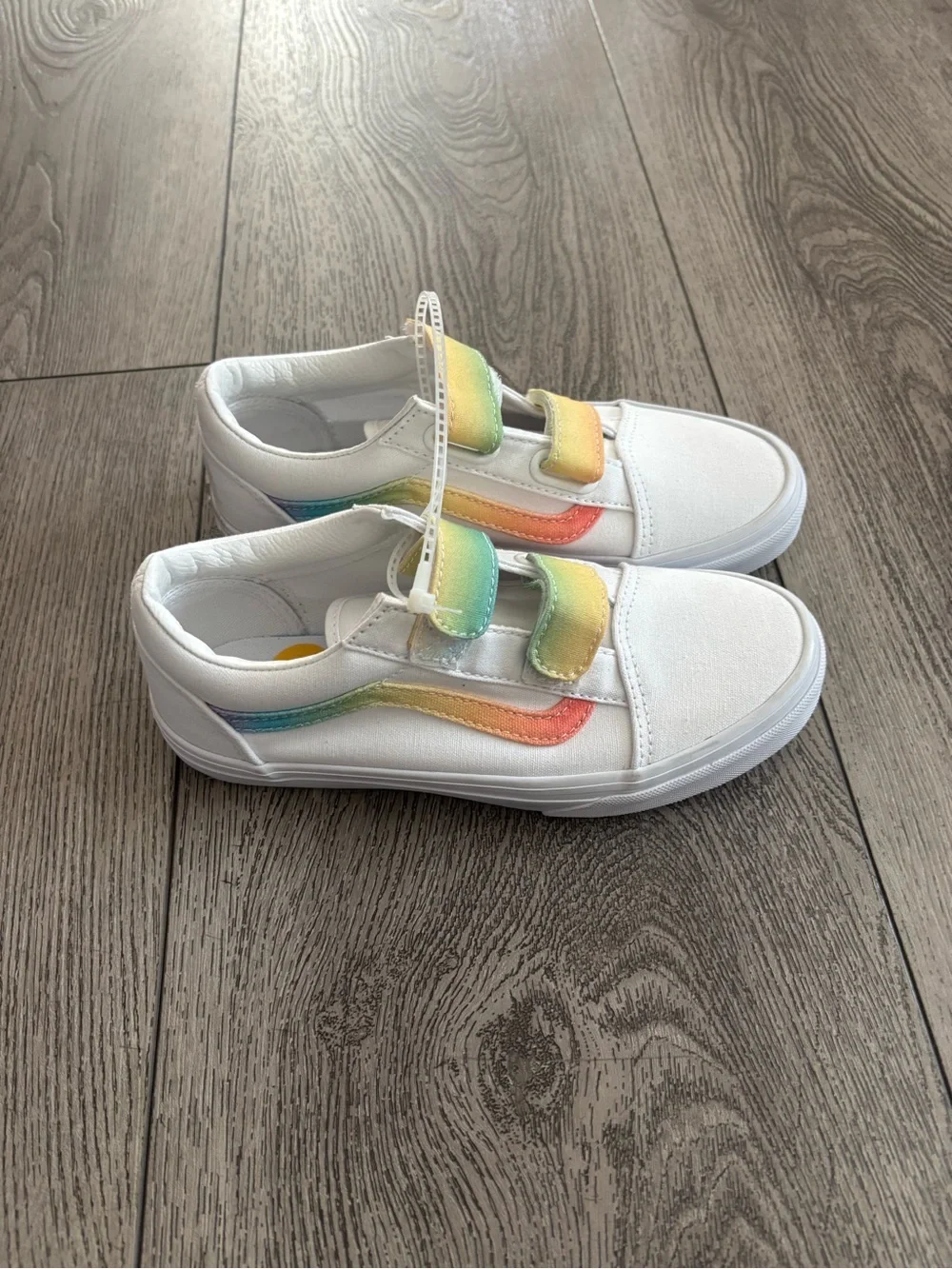 Vans Kids White Canvas Sneakers with Rainbow Gradient Straps NWOT